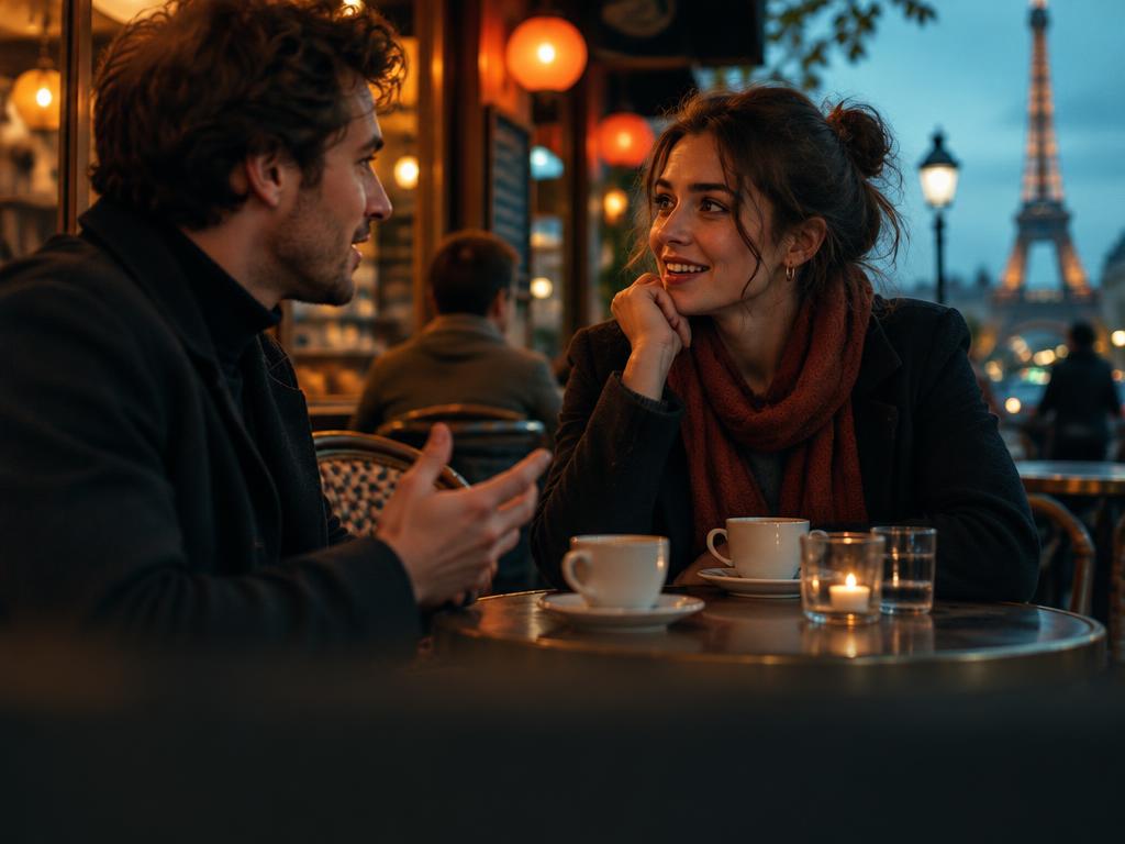 Two people having a natural conversation at a Paris cafe