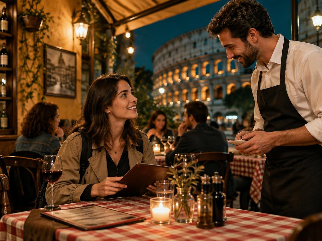 Traveler practicing a language in a restaurant