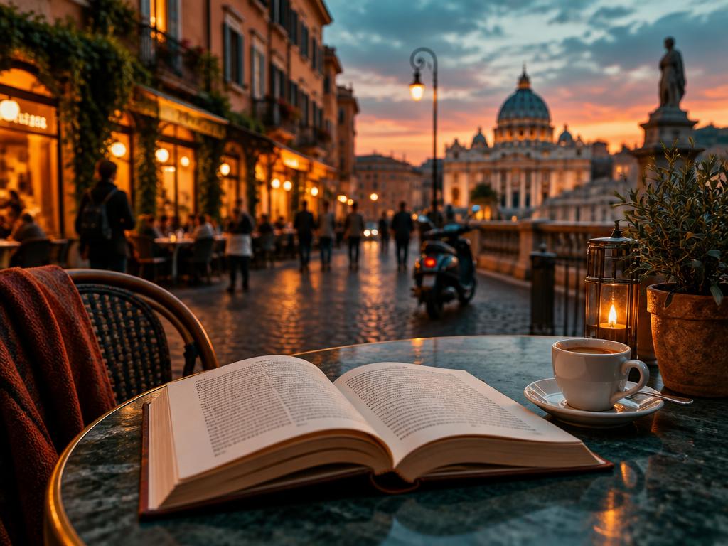 An open storybook at a cafe in Rome